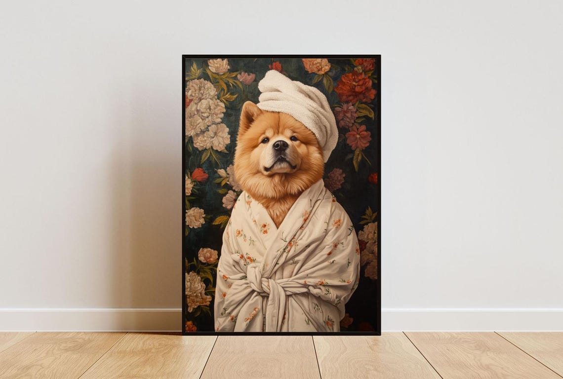Chow Chow in Bathrobe Funny Dog Bathroom Portrait Poster Art Gift
