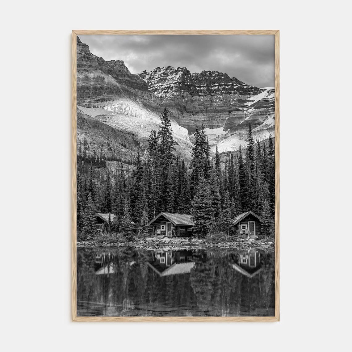 Alpine Lake Cabins Poster Black White Mountain Reflection Photo