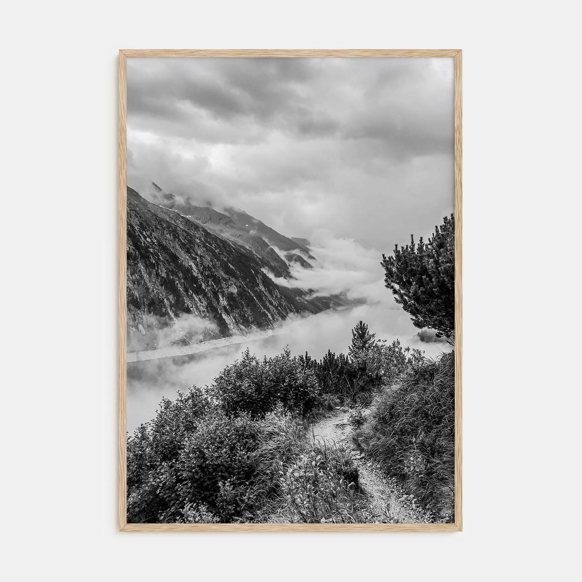 Foggy Lake Mountains Print Black White Photography Poster Fine Art Wall Decor Nature Landscape Decor For Home Or Office