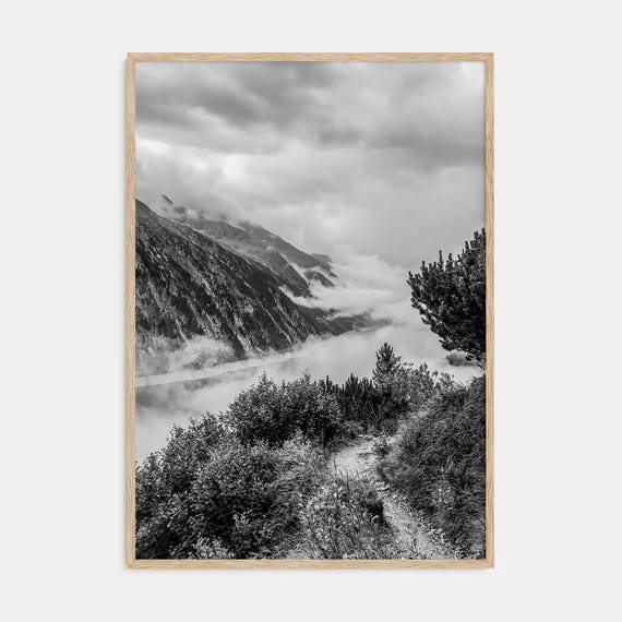 Foggy Lake Mountains Print Black White Photography Poster Fine Art Wall Decor Nature Landscape Decor For Home Or Office