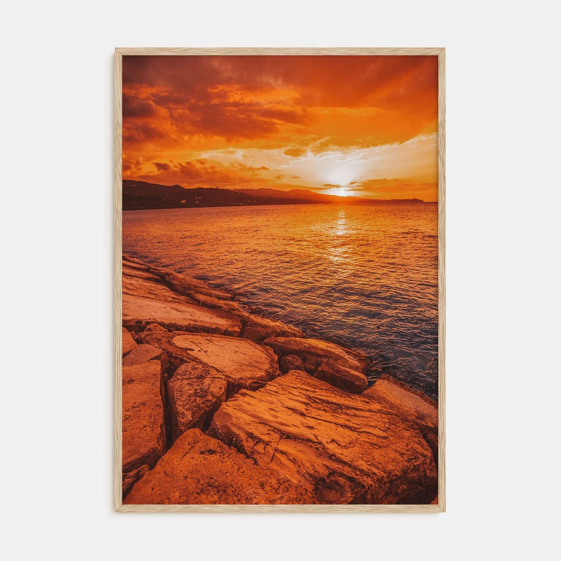 Fiery Orange Sunset Over Rocky Coastline Dramatic Seascape Art Poster