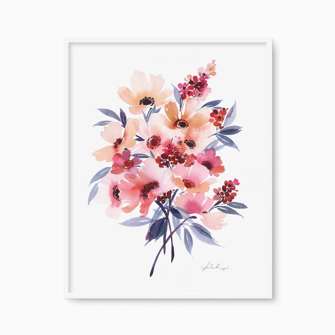 Pink Anemone Flowers Watercolor Bouquet Elegant Floral Poster