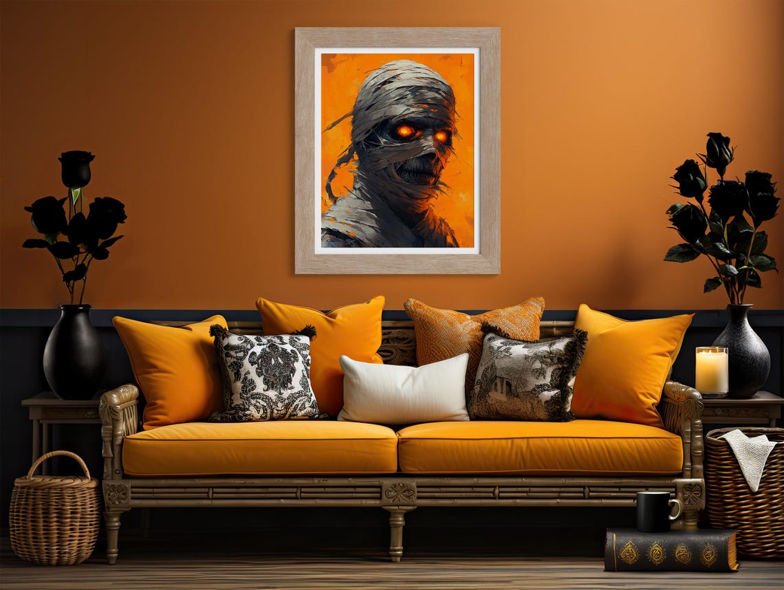 Mummy With Glowing Orange Eyes On Fiery Background Halloween Poster - Image 2