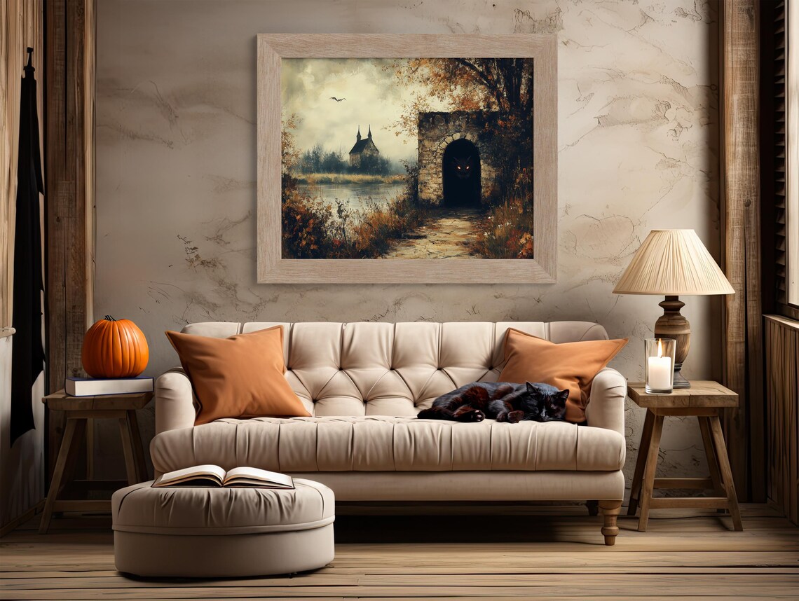 Stone Gate With Glowing Red Eyes By Autumn Lake Gothic Scene Art Poster - Image 2
