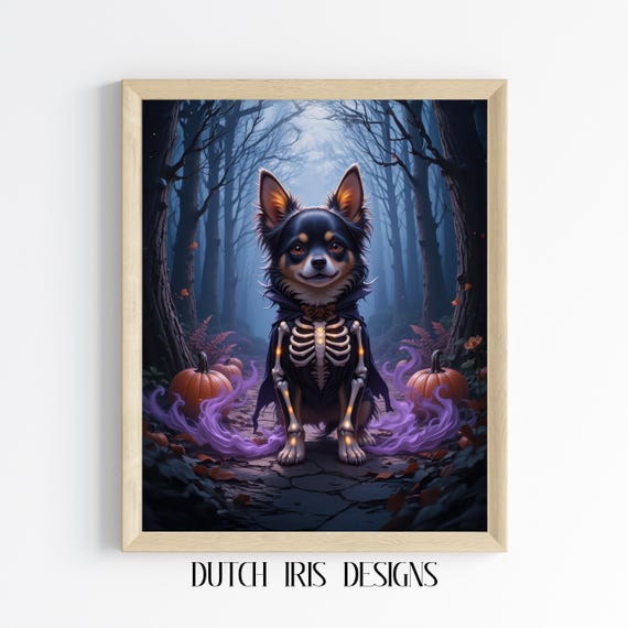 Adorable Halloween Dog In Forest Spooky Anime Style Moody Fall Art Decor Skeleton Pet Painting Wall 554