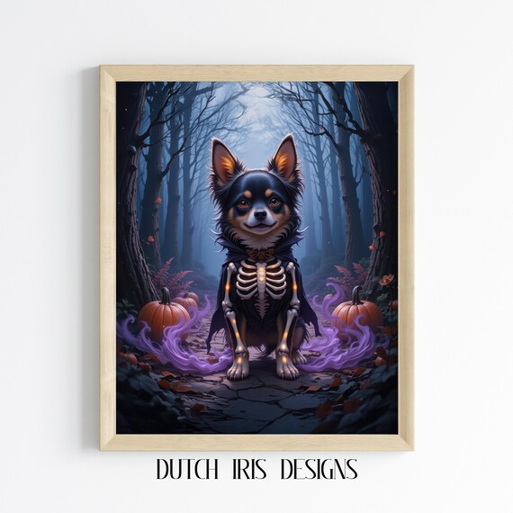 Spooky Halloween Dog Skeleton Costume Anime Forest Art Poster
