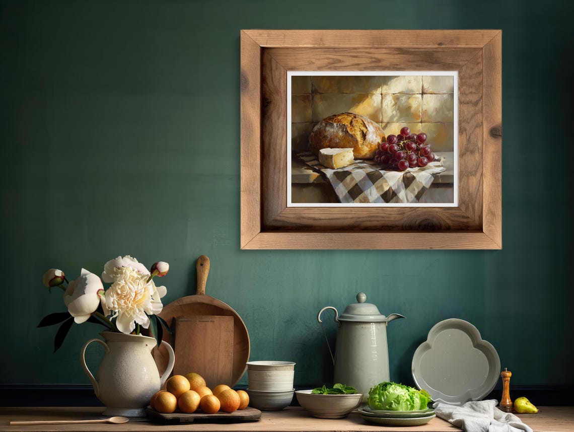 Rustic Bread Cheese And Grapes Still Life Painting Kitchen Poster - Image 2