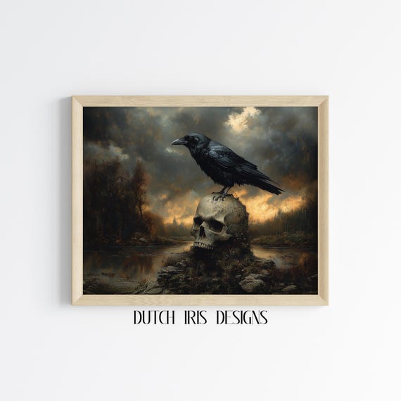 Vintage Grotesque Skull And Crow Painting Dark Macabre Art Gothic Decor Moody Landscape Wall Halloween 50