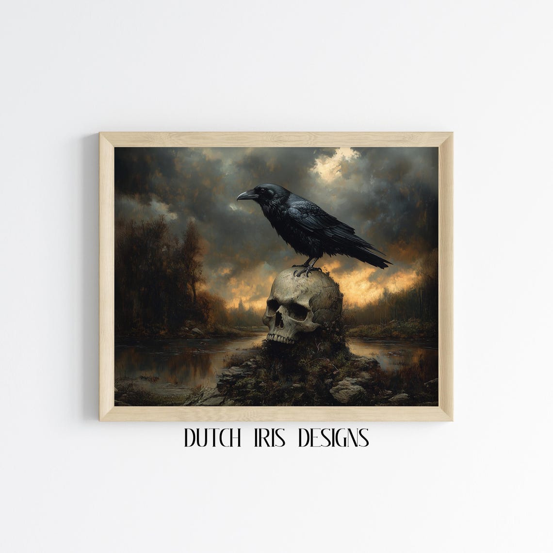 Moody Raven Perched On Human Skull Over Dark River Gothic Art Poster