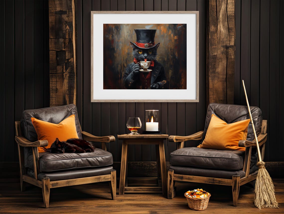 Dapper Black Cat In Top Hat Holding Teacup Vintage Style Art Poster - Image 4