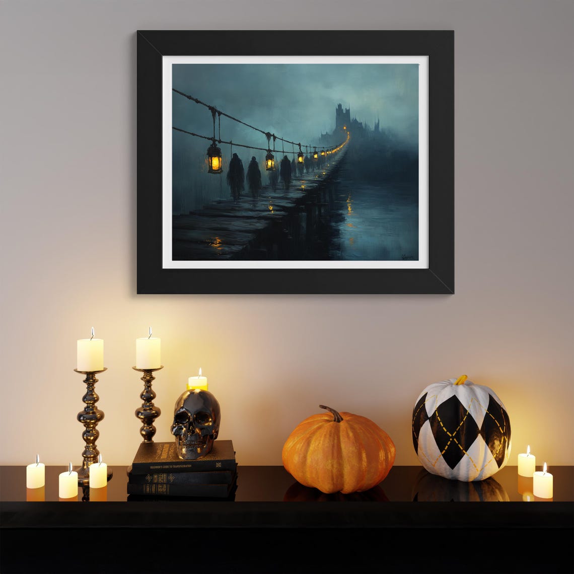 Ghostly Procession Crossing Misty Lantern Lit Bridge At Night Poster - Image 3