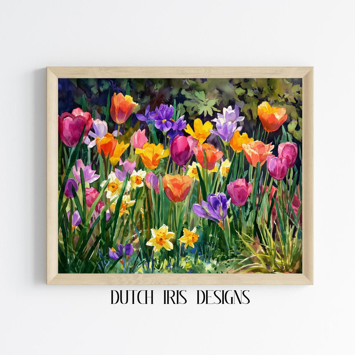 Colorful Spring Garden Blooms Tulips Daffodils Watercolor Poster