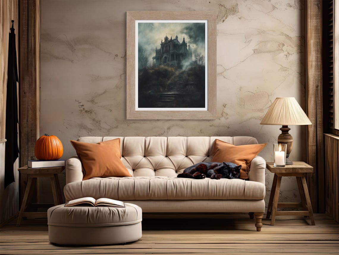 Haunted Gothic Mansion On Foggy Hill Under Dark Stormy Sky Poster - Image 2