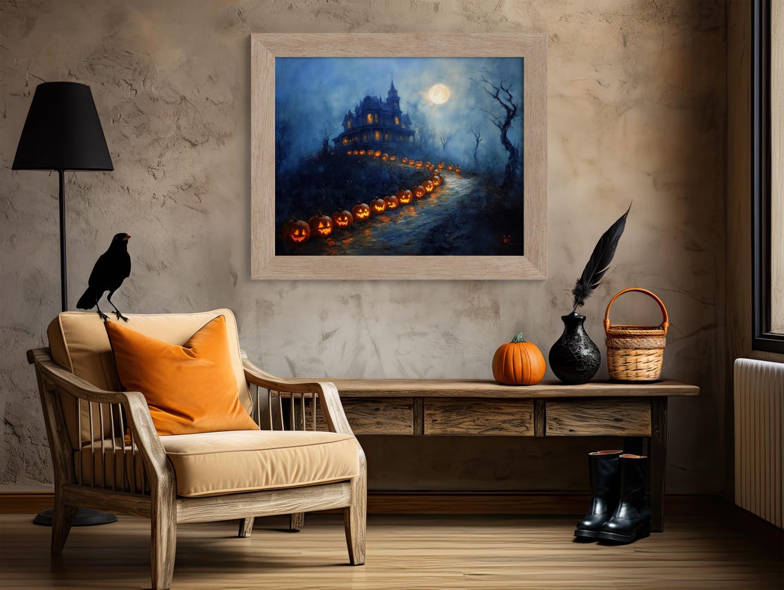Victorian Mansion With Jack O Lantern Path Under Full Moon Poster - Image 4