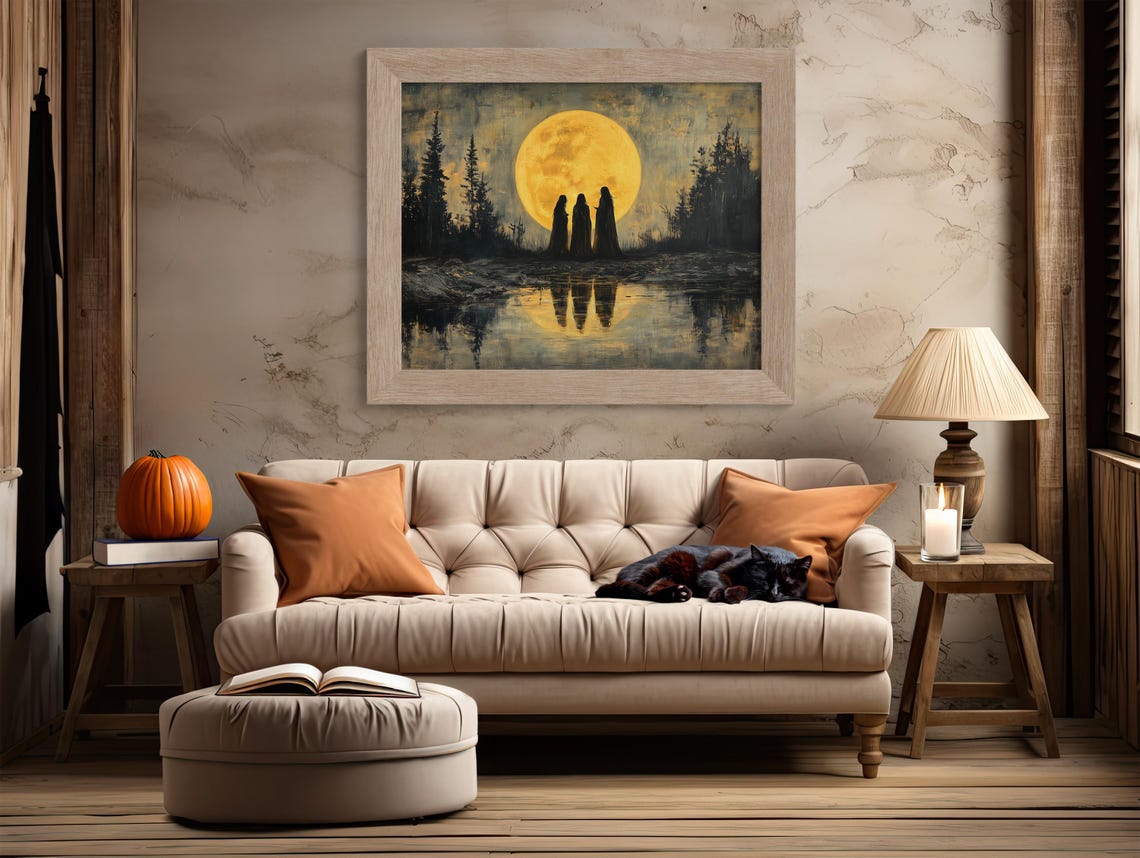 Three Witches Beneath a Giant Golden Full Moon Lake Reflection Poster - Image 2
