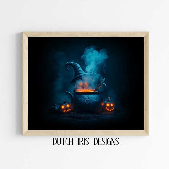 Witch Hat Bubbling Cauldron Potion with Glowing Jack-o-Lanterns Poster