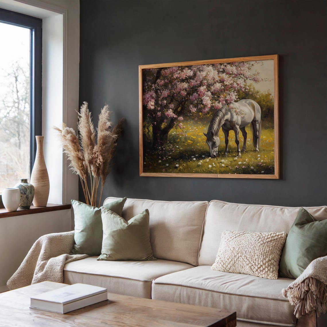 White Horse Under Blossom Tree Spring Meadow Oil Painting Poster - Image 4