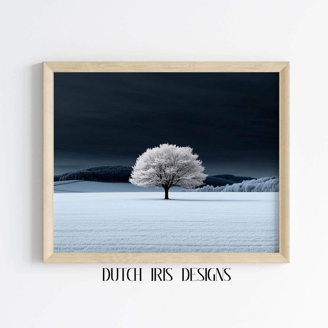 Lone Tree In Snowy Field Under Dark Sky Winter Minimalist Poster