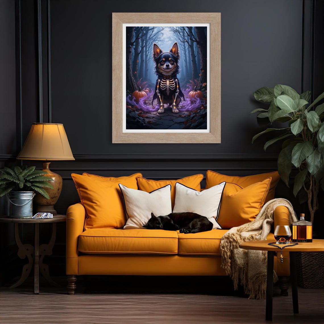 Spooky Halloween Dog Skeleton Costume Anime Forest Art Poster - Image 2