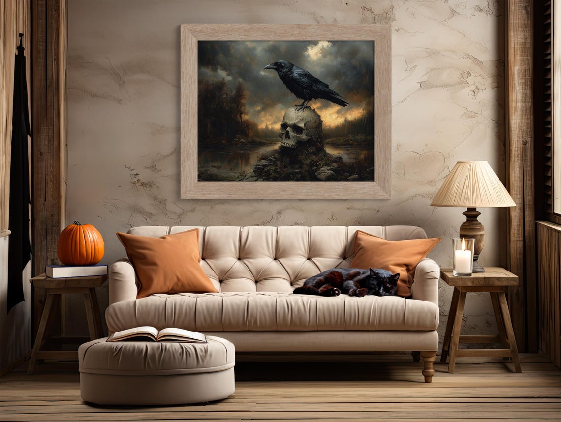 Moody Raven Perched On Human Skull Over Dark River Gothic Art Poster - Image 2