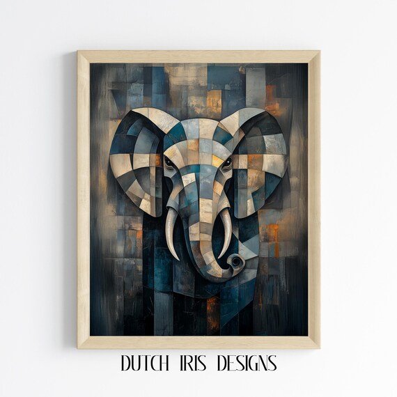 Abstract Elephant Wall Art Cubist Style Painting Rustic Modern Decor Artwork Geometric Animal Print 617