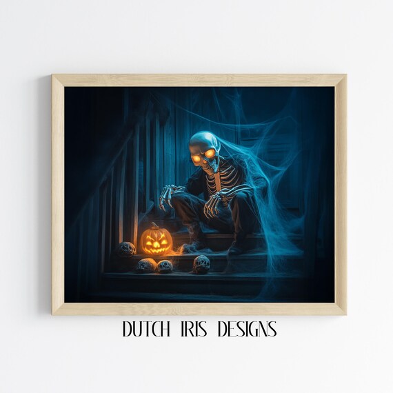 Skeleton Sitting on Dark Stairs with a Glowing Jack-o-Lantern Poster