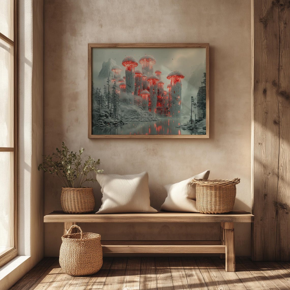 Futuristic Mushroom Tower City Glowing Red In Snowy Winter Art Poster - Image 4