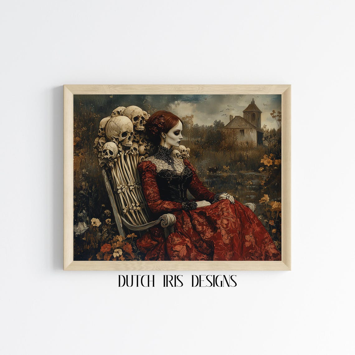 Gothic Lady In Red Gown Seated On Skull Throne Dark Romance Art Poster