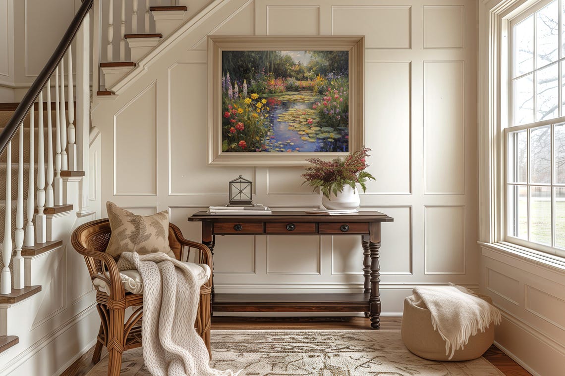 Monet Style Waterlily Pond Surrounded By Colorful Flowers Poster - Image 2