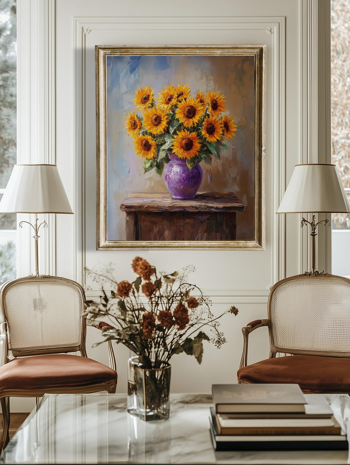 Bright Sunflowers In Purple Vase Rustic Impressionist Floral Poster - Image 4