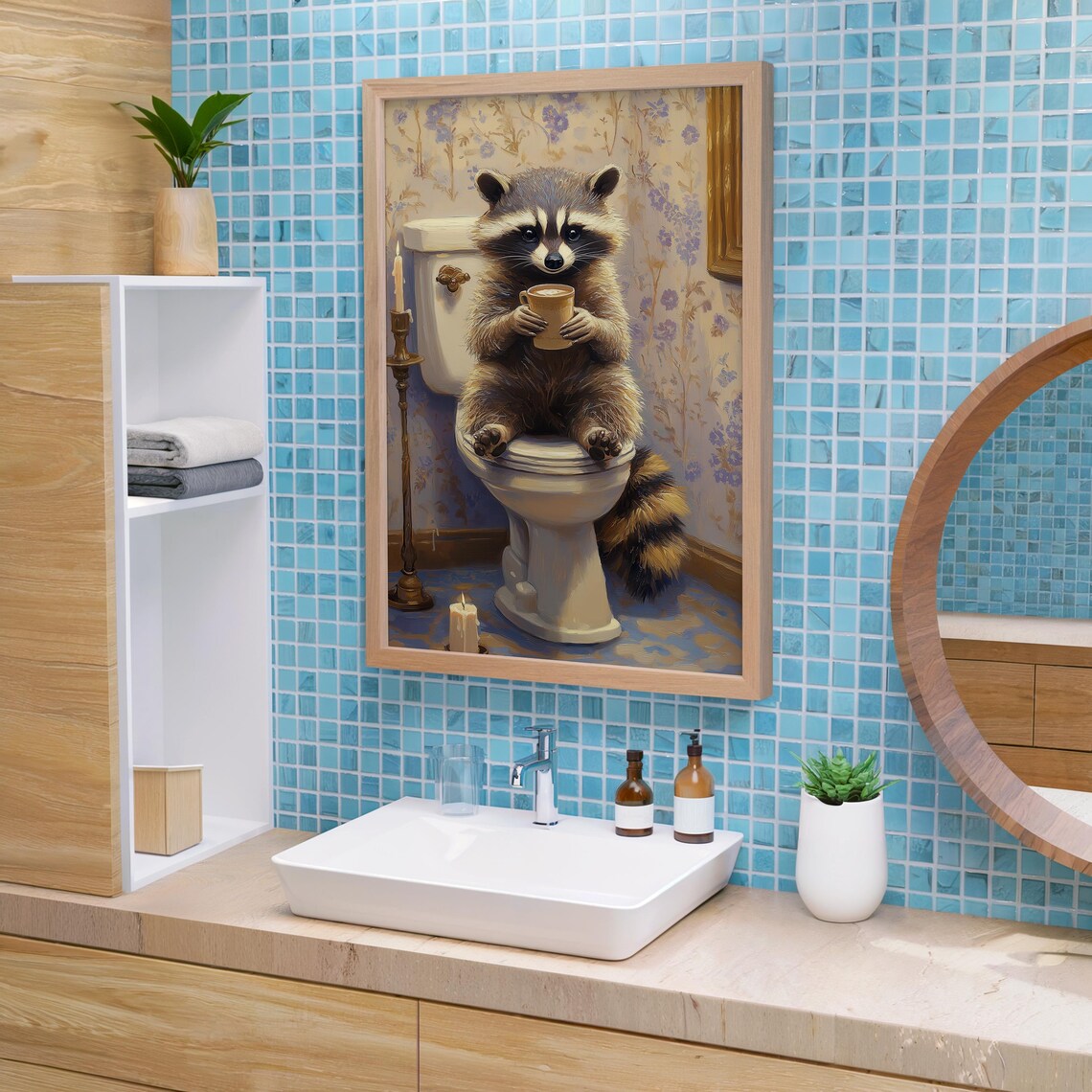 Whimsical Raccoon Bathroom Art Funny Animal Toilet Scene Poster - Image 2