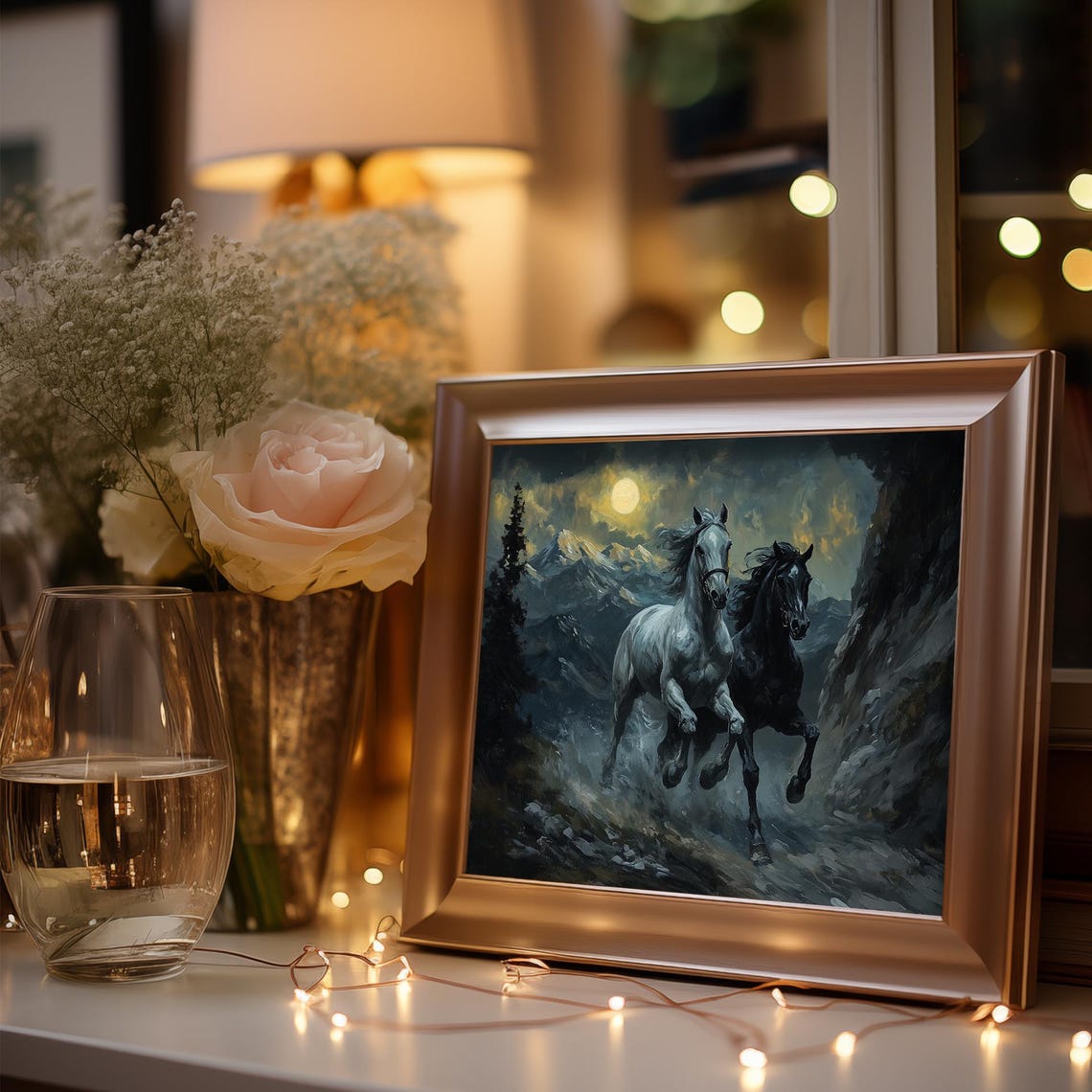 Black And White Horses Galloping Under Moonlight Mountain Art Poster - Image 3