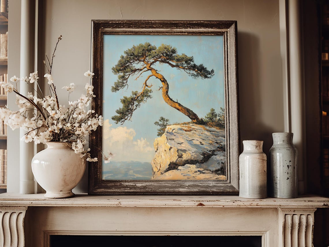 Windswept Pine Tree On Rocky Cliff Vintage Mountain Landscape Poster - Image 3