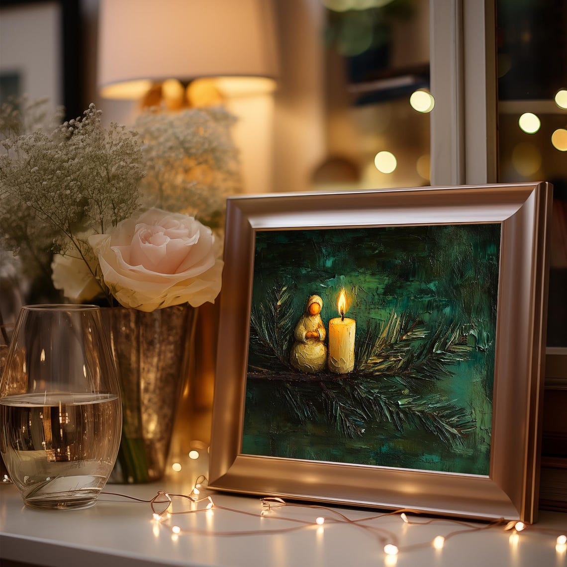 Small Figurine and Glowing Candle on a Pine Branch Night Poster - Image 3