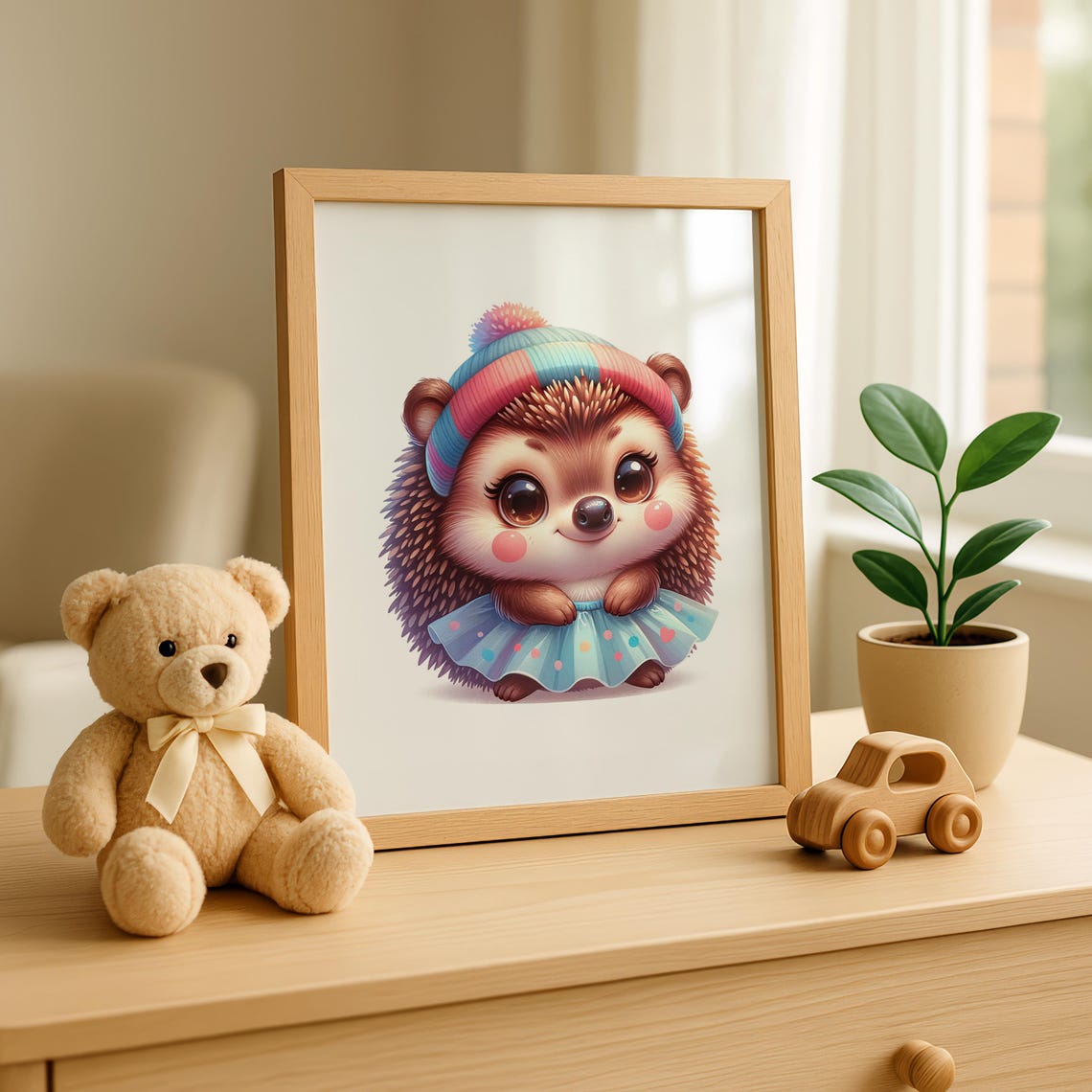 Baby Hedgehog In Striped Beanie And Polka Dot Skirt Nursery Art Poster - Image 3