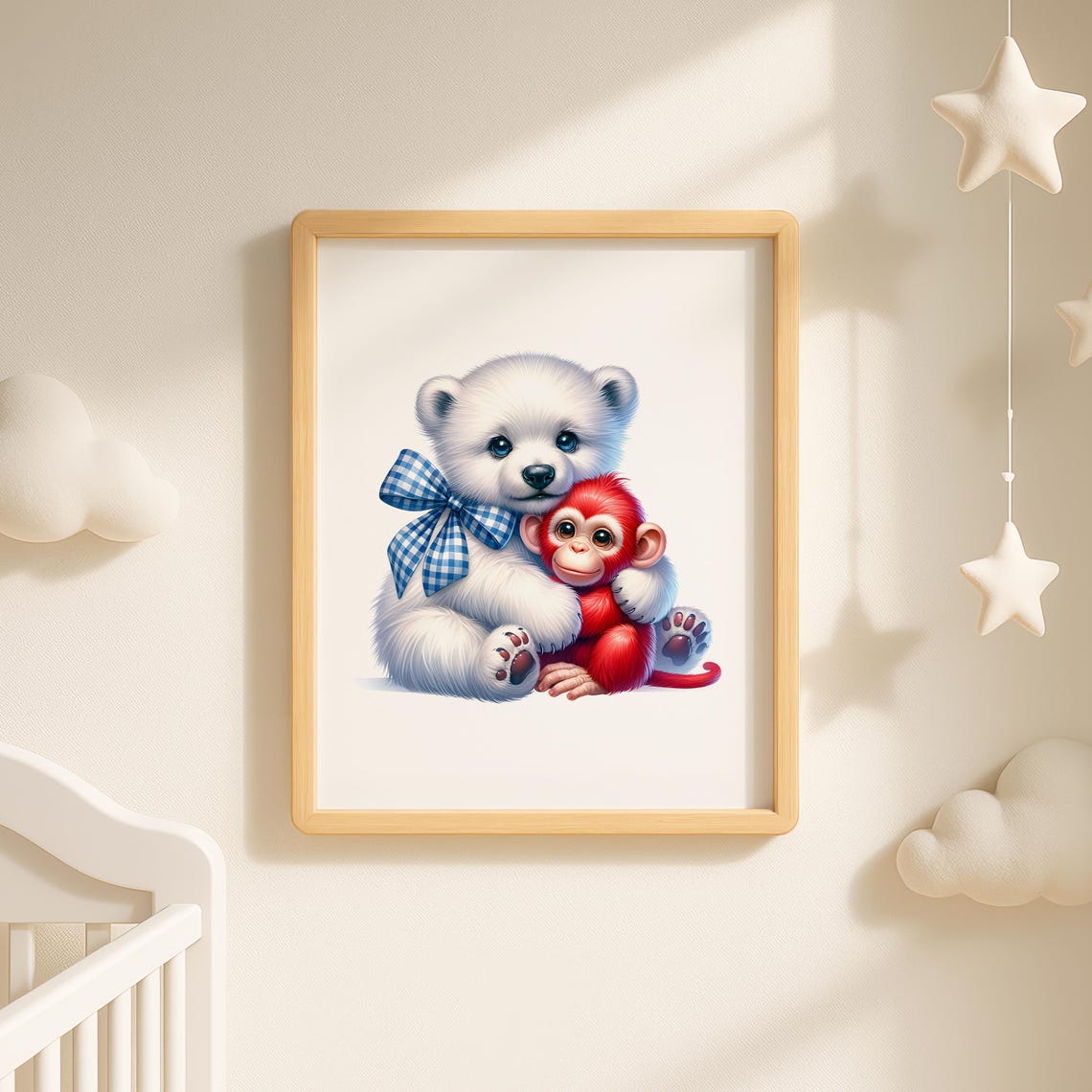 White Polar Bear Cub With Red Monkey Adorable Nursery Poster - Image 2