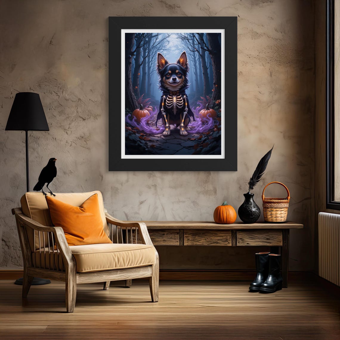 Spooky Halloween Dog Skeleton Costume Anime Forest Art Poster - Image 4