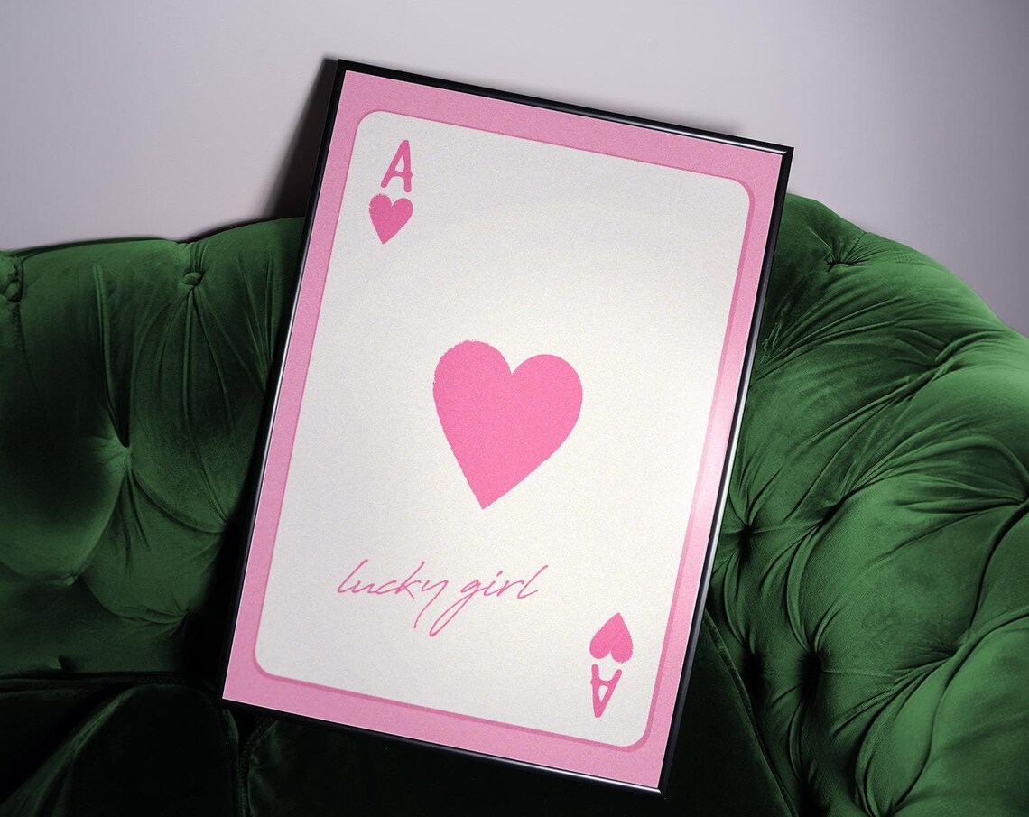 Lucky Girl Pink Ace of Hearts Card Trendy Girly Bedroom Wall Art