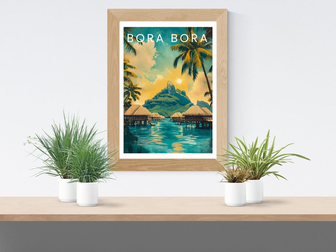 Bora Bora Overwater Bungalows Mount Otemanu Sunset Travel Poster - Image 2