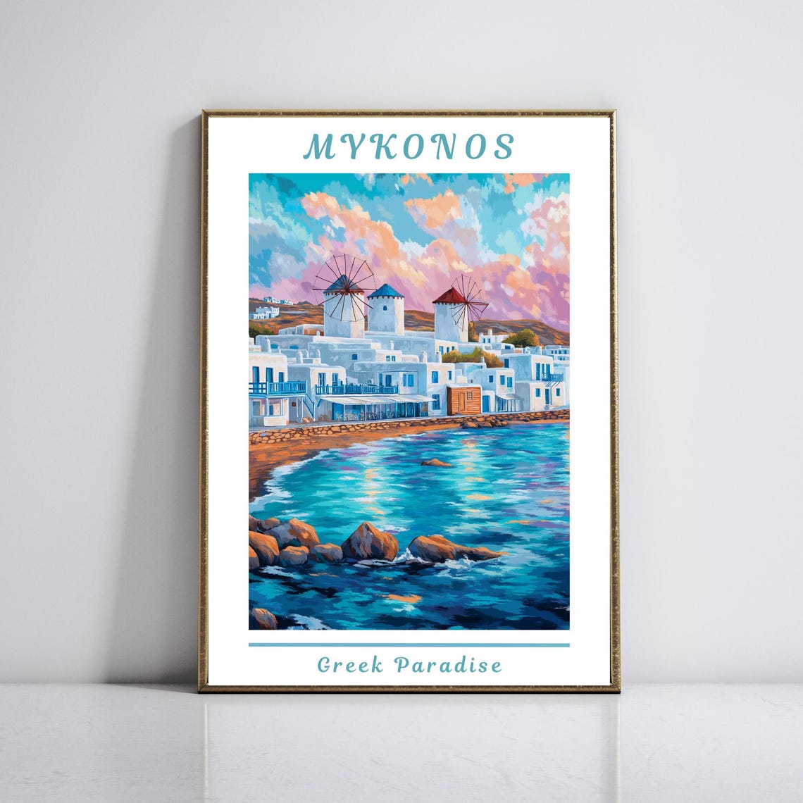 Mykonos Greece Island Windmills Charming Turquoise Bay Travel Poster