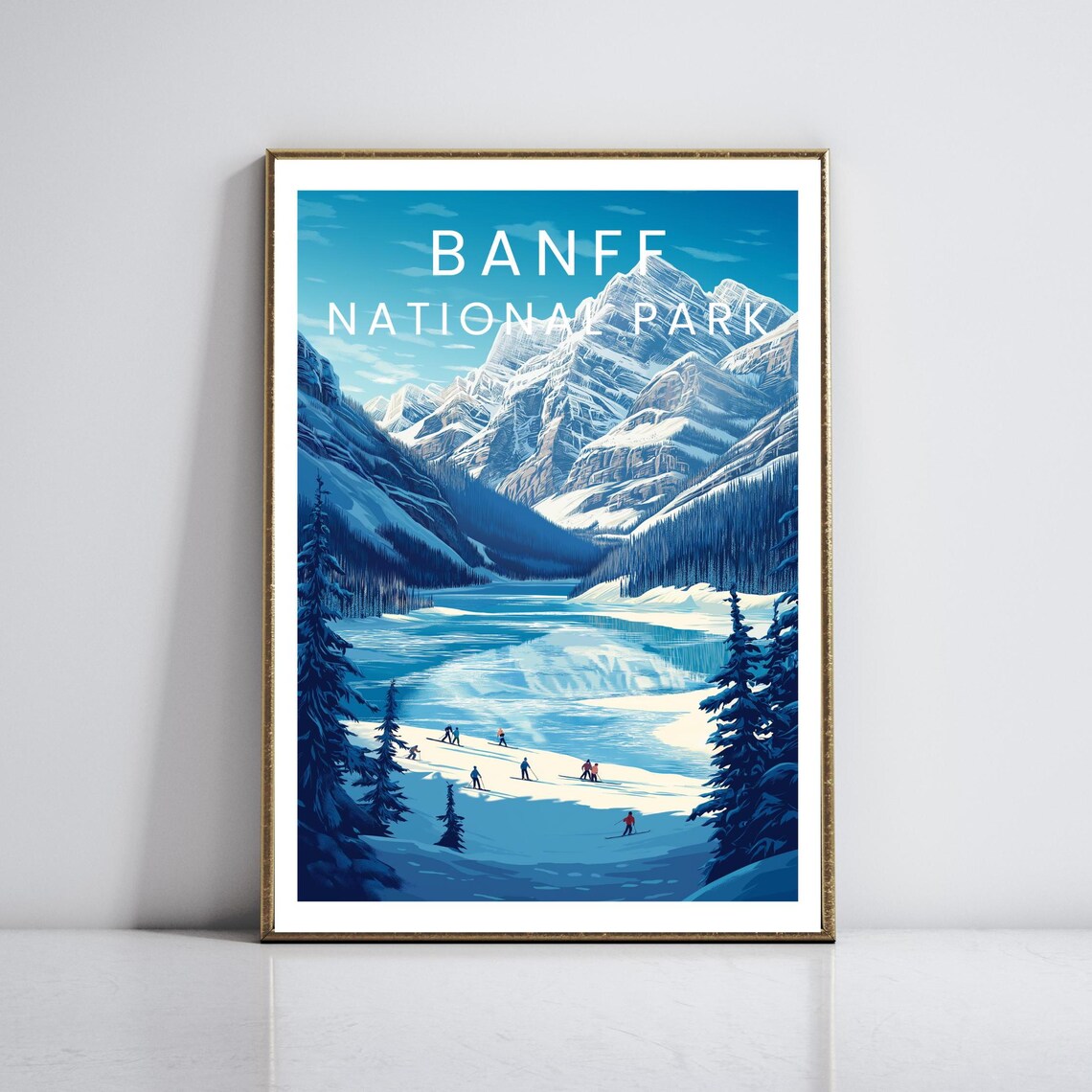 Banff Frozen Lake Skaters Snowy Peaks National Park Travel Poster