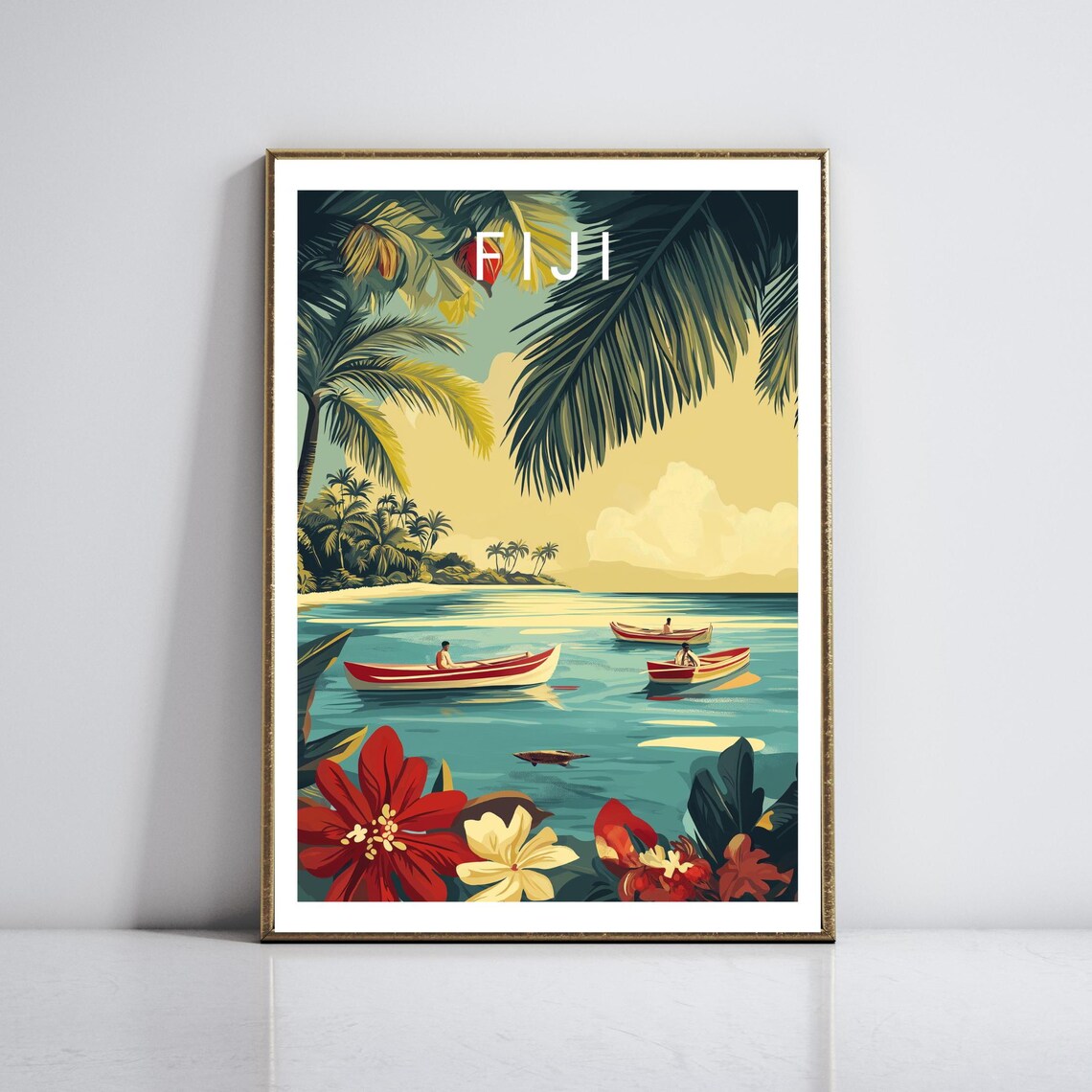 Fiji Lagoon Canoes Palm Fronds Hibiscus Tropical Travel Poster