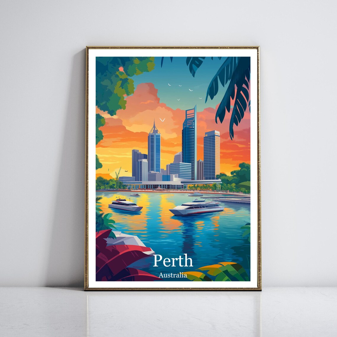 Perth Australia City Skyline at Sunset Over the River Poster