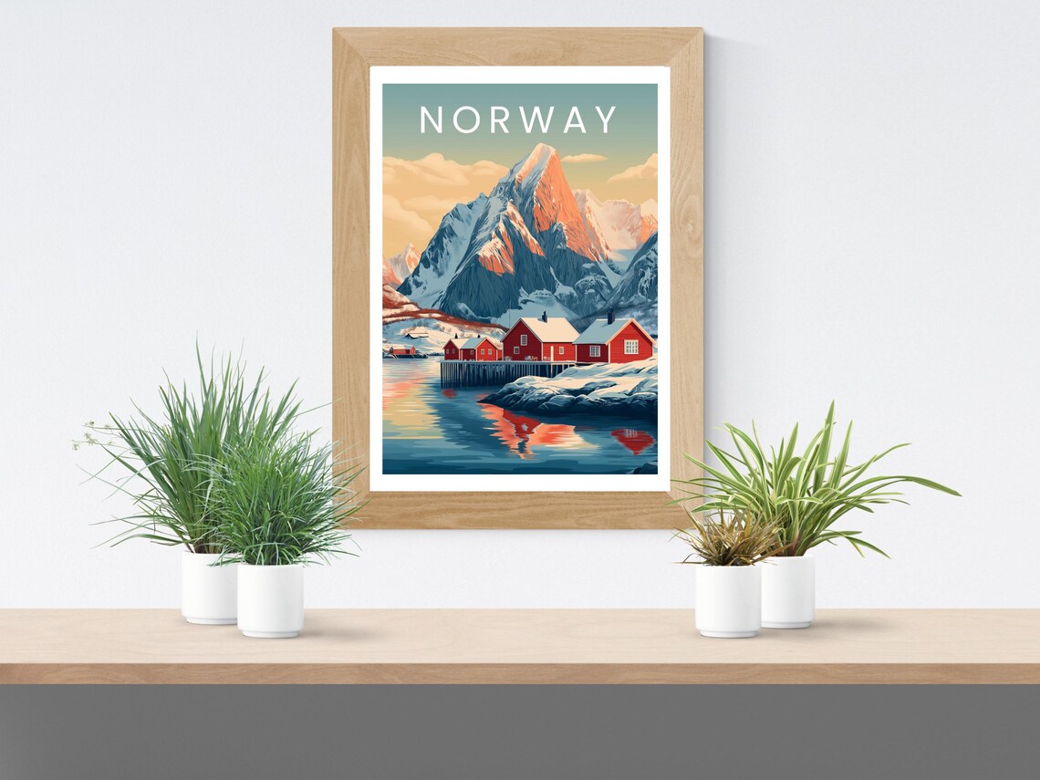 Norway Lofoten Islands Red Cabins Snowy Fjord Sunset Travel Poster - Image 2