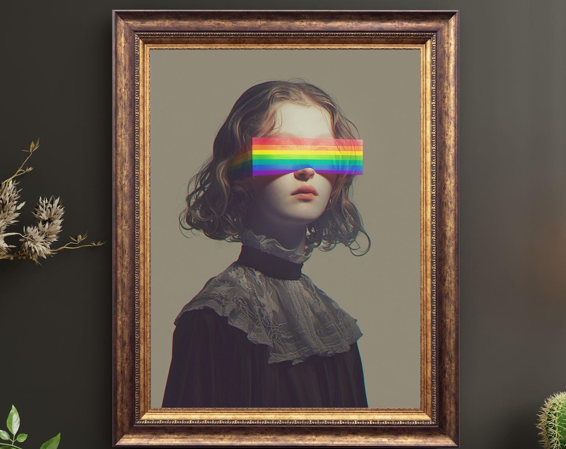 Rainbow Bar Eyes Surreal Woman Portrait Dark Elegant Art Print