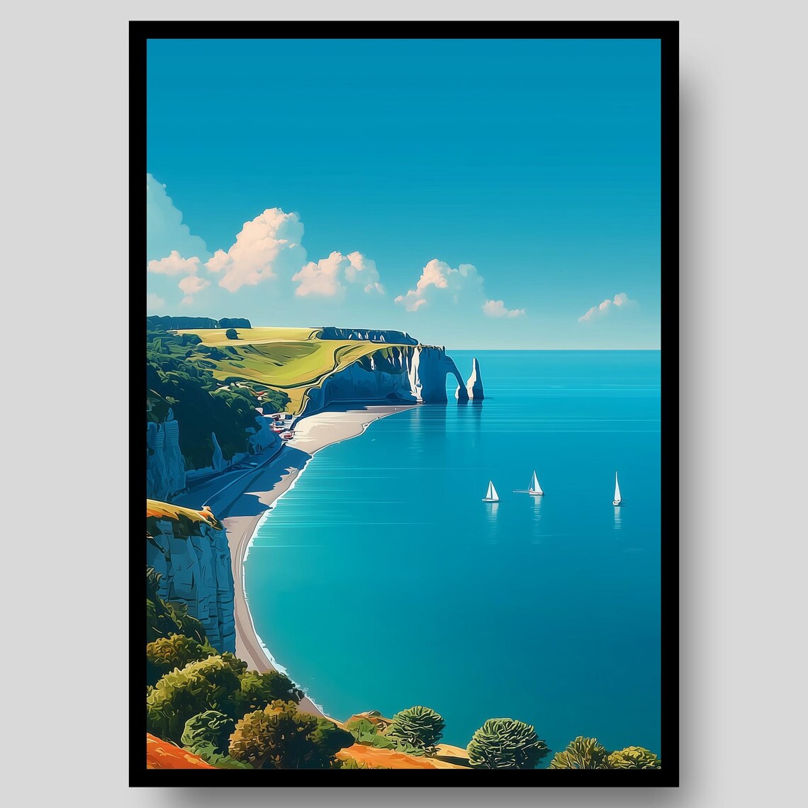 Etretat Cliffs Arch Normandy Coast Sailboats France Travel Poster