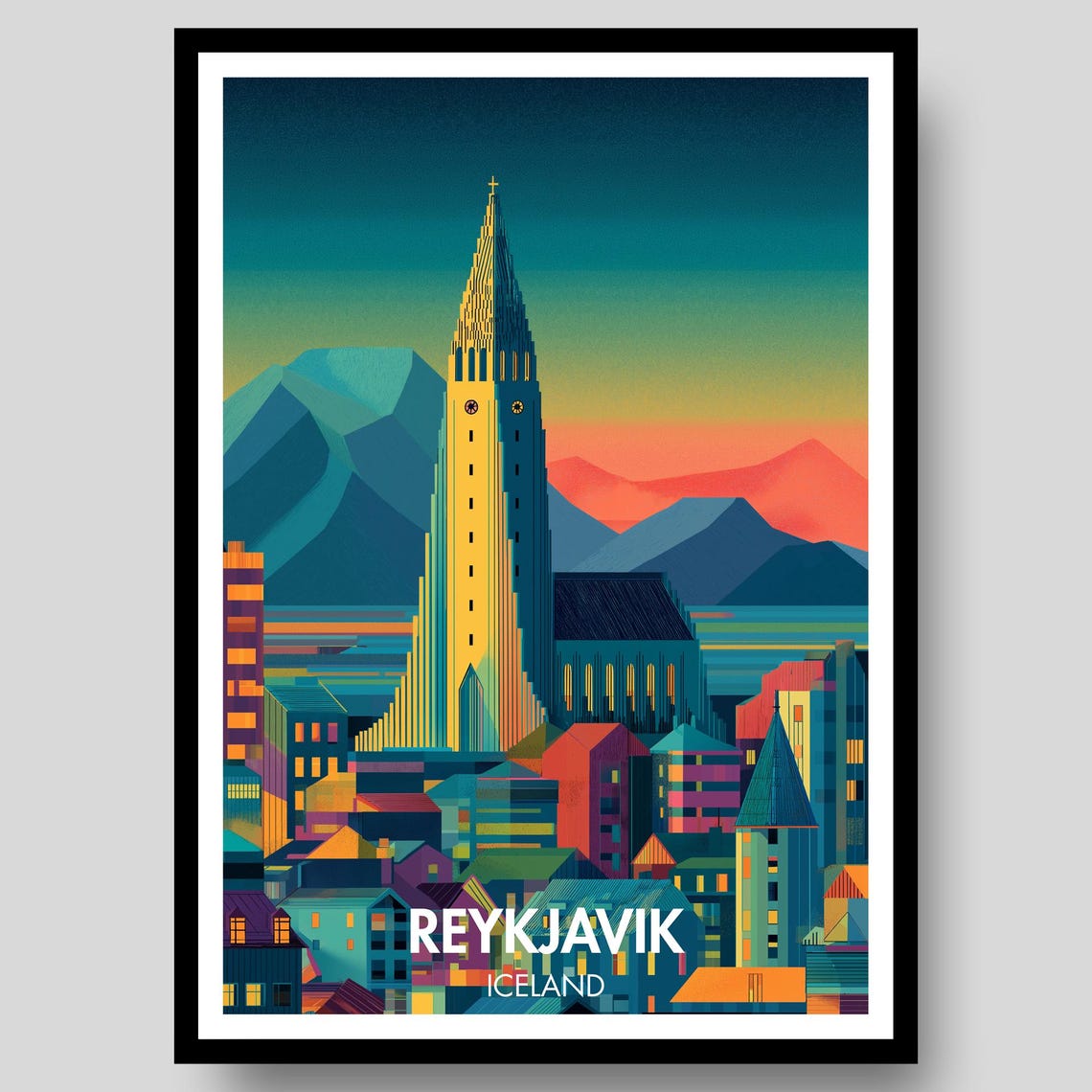 Reykjavik Iceland Hallgrimskirkja Sunset Mountain Cityscape Poster