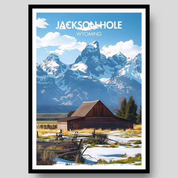 Jackson Hole Wyoming Snowy Grand Teton Barn Mountain Vista Poster