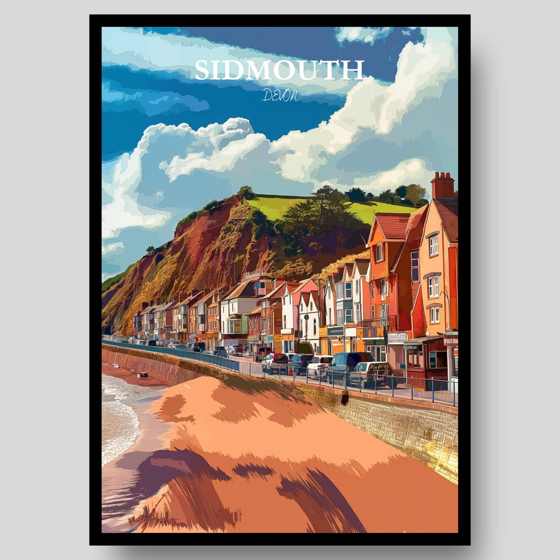 Sidmouth Devon Red Cliffs Seafront Promenade Golden Light Poster