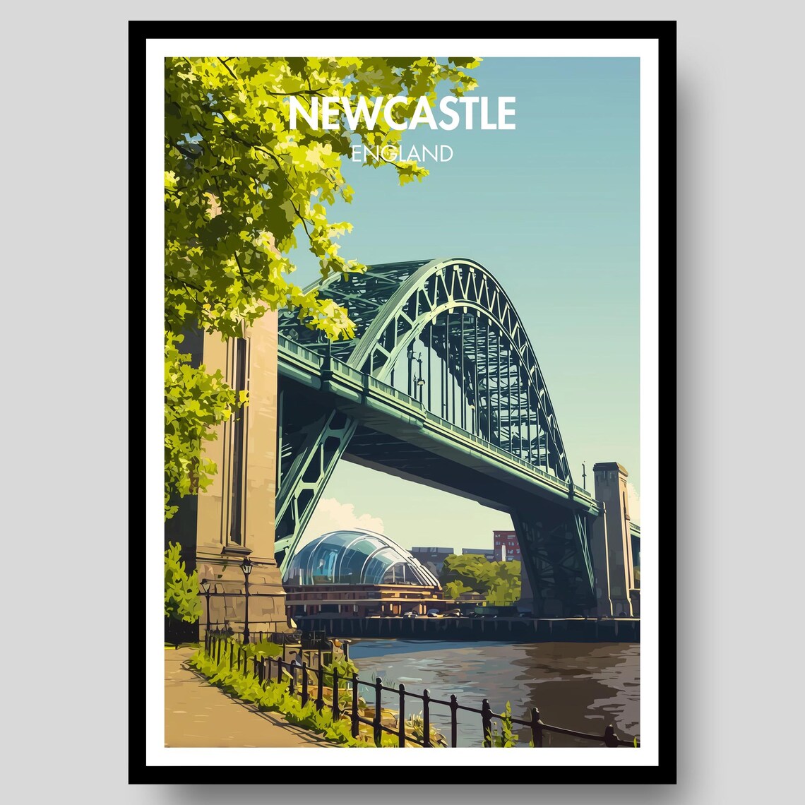Newcastle England Tyne Bridge Quayside Retro Travel Poster View